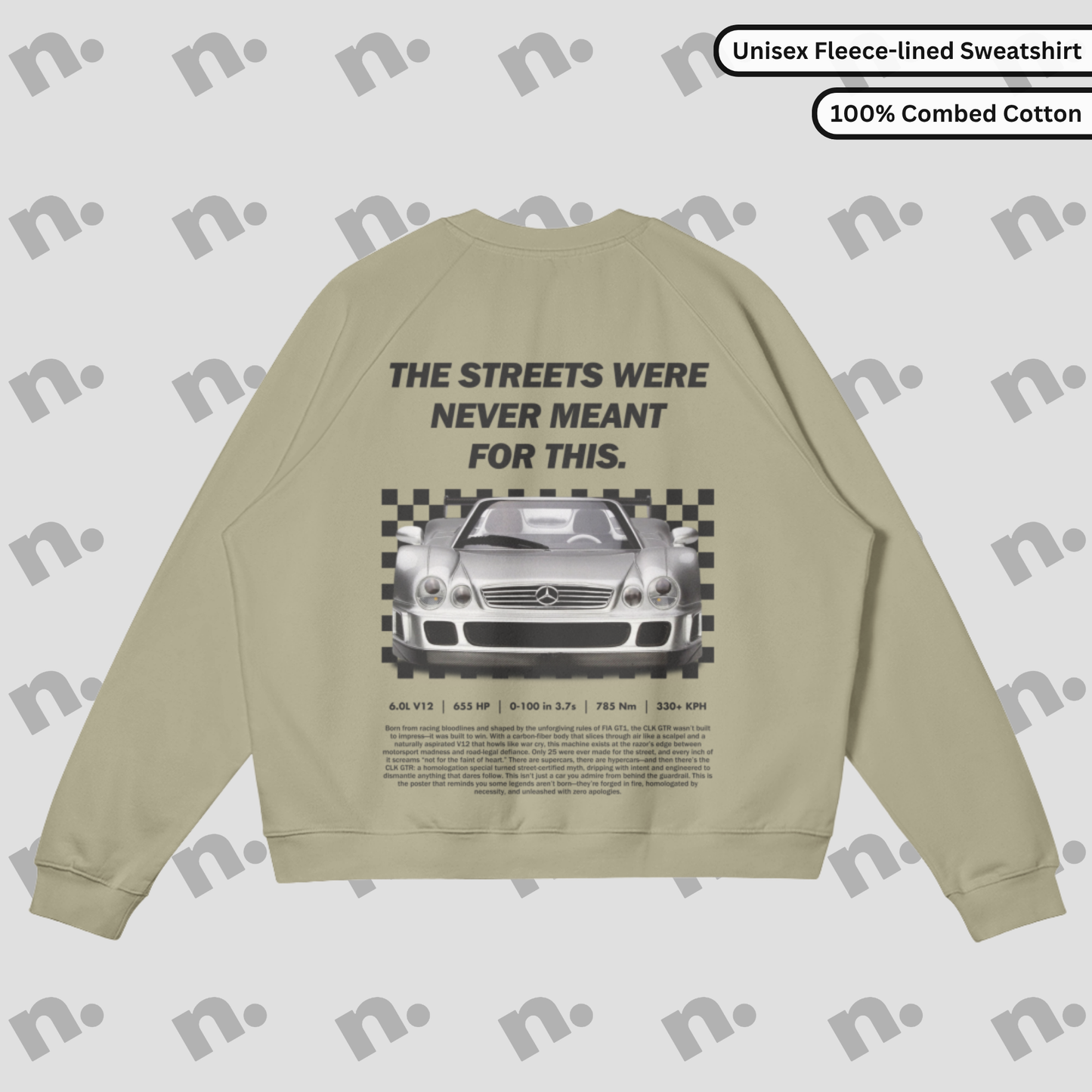 Heavyweight earth-toned fleece pullover with raglan sleeves and relaxed fit inspired by motorsport design.