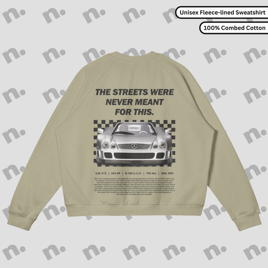 Heavyweight earth-toned fleece pullover with raglan sleeves and relaxed fit inspired by motorsport design.