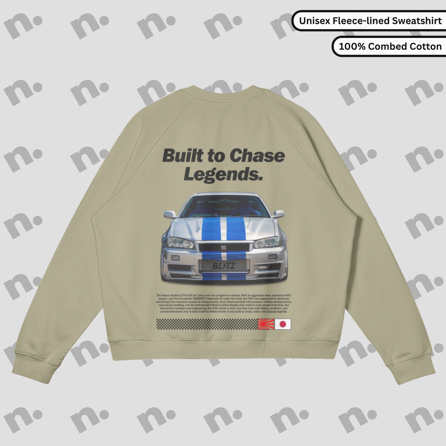 Heavyweight fleece-lined sweatshirt with GTR R34 back graphic and ‘Built to Chase Legends’ typography