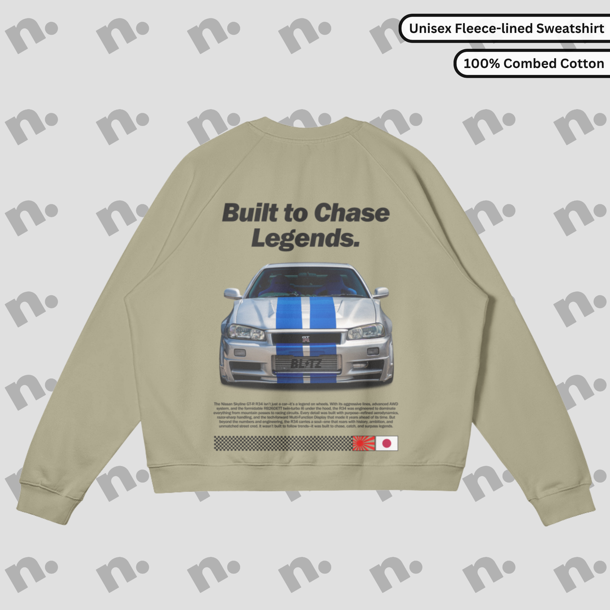 Heavyweight fleece-lined sweatshirt with GTR R34 back graphic and ‘Built to Chase Legends’ typography