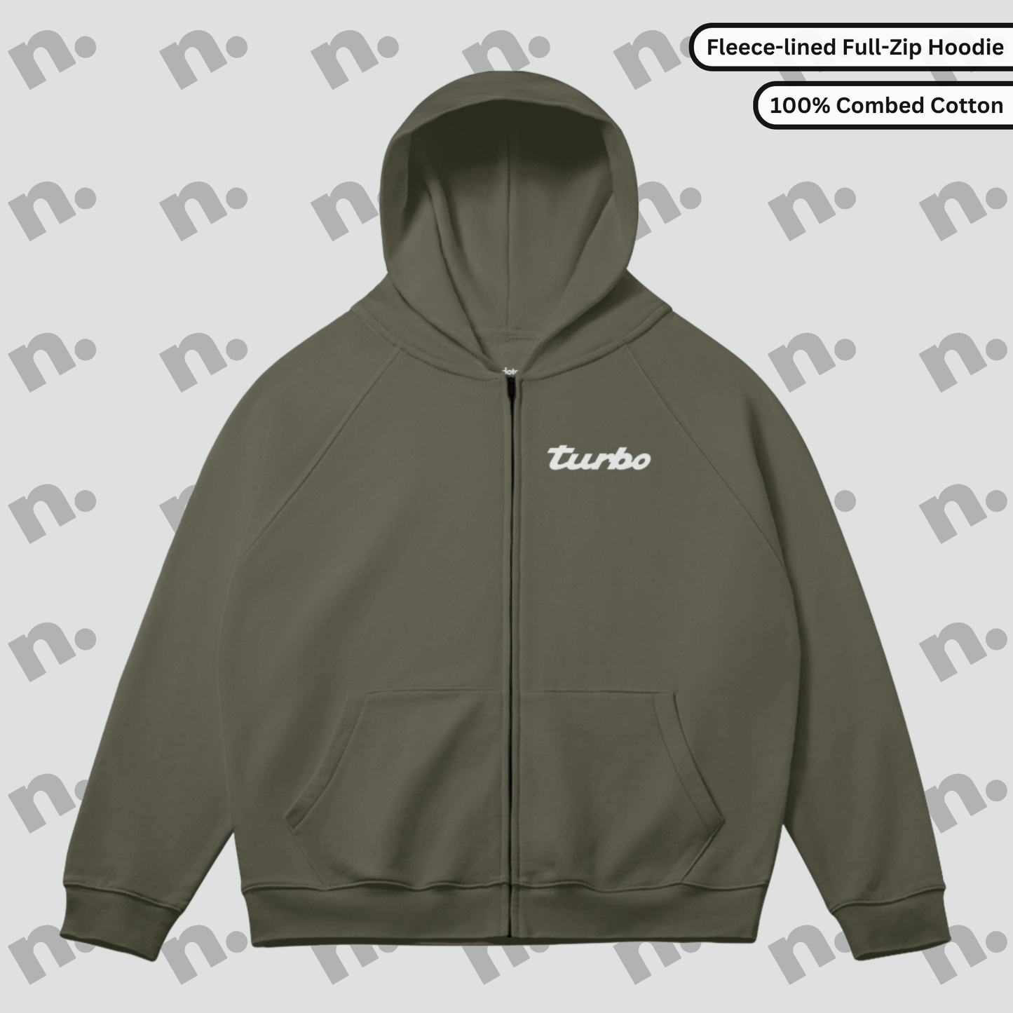 Flat lay of a full-zip fleece hoodie featuring a Porsche 964 Turbo inspired graphic with a humorous "Divorce" theme, styled with automotive lifestyle accessories on a neutral backdrop.