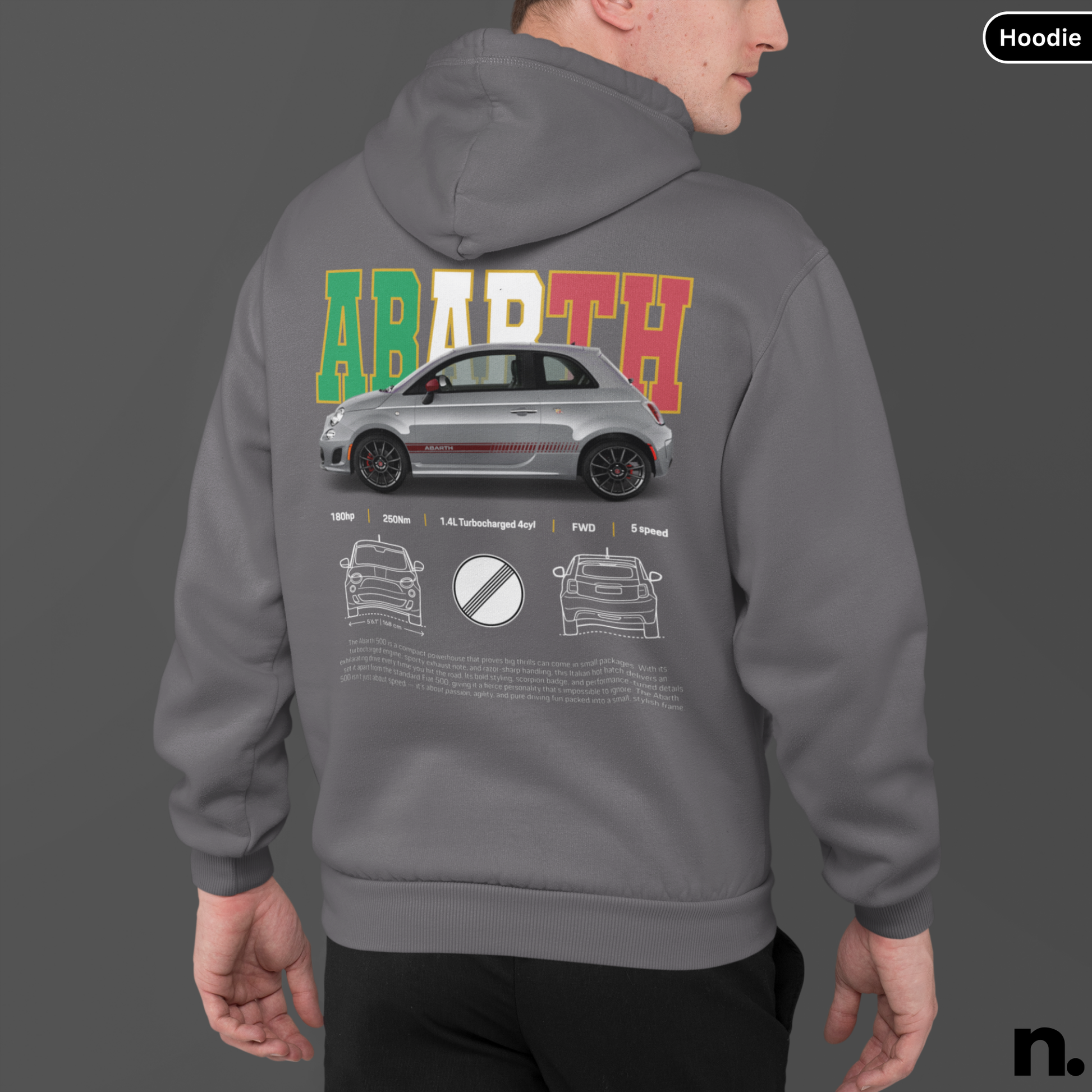 Gray hoodie with a car design and 'ABBATH' text on the back, worn by a person. Abarth 500 Poster Style Unisex Hoodie dark heather
