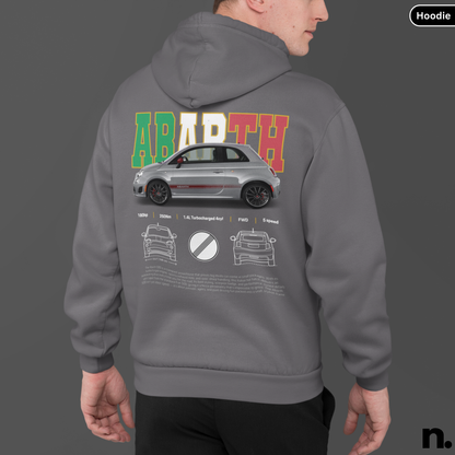 Gray hoodie with a car design and 'ABBATH' text on the back, worn by a person. Abarth 500 Poster Style Unisex Hoodie dark heather