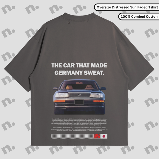 Washed gradient oversized tee with distressed edges, inspired by the timeless Lexus LS400.
