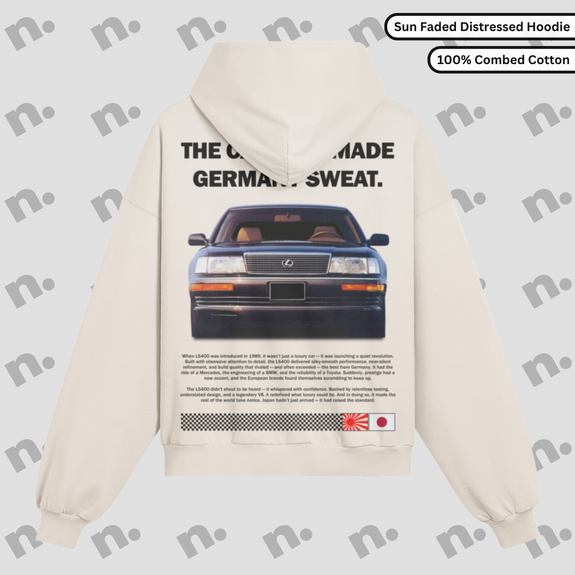 Distressed oversized hoodie with sun-faded gradient wash, inspired by the Lexus LS400.