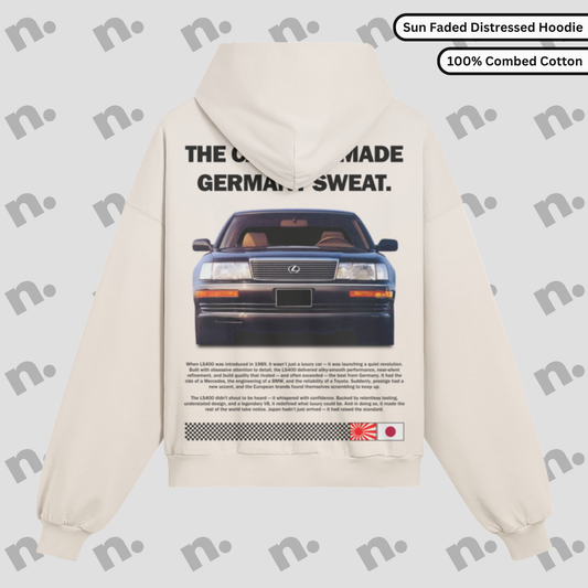 Distressed oversized hoodie with sun-faded gradient wash, inspired by the Lexus LS400.