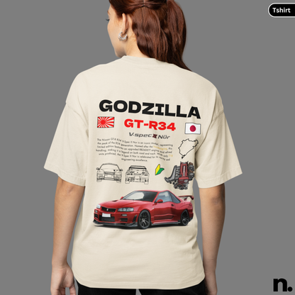 Godzilla GTR R34 V-spec II Nur Poster Style Back Print Unisex Cotton Tee,