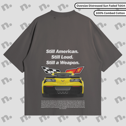 Oversized vintage-washed tee with vertical gradient and drop shoulders for the American legend.