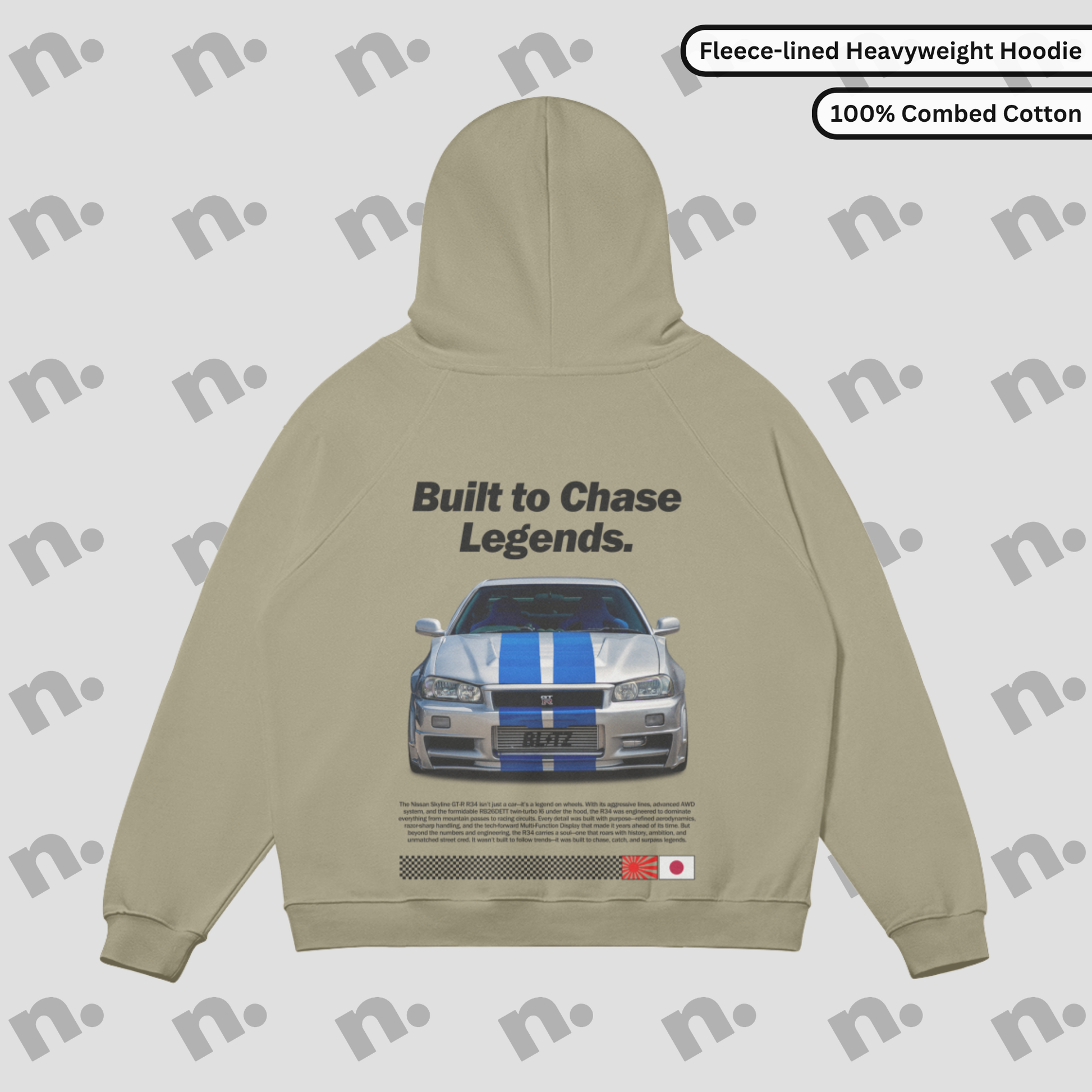 Oversized fleece-lined hoodie with R34 GTR back graphic and bold ‘Built to Chase Legends’ design.