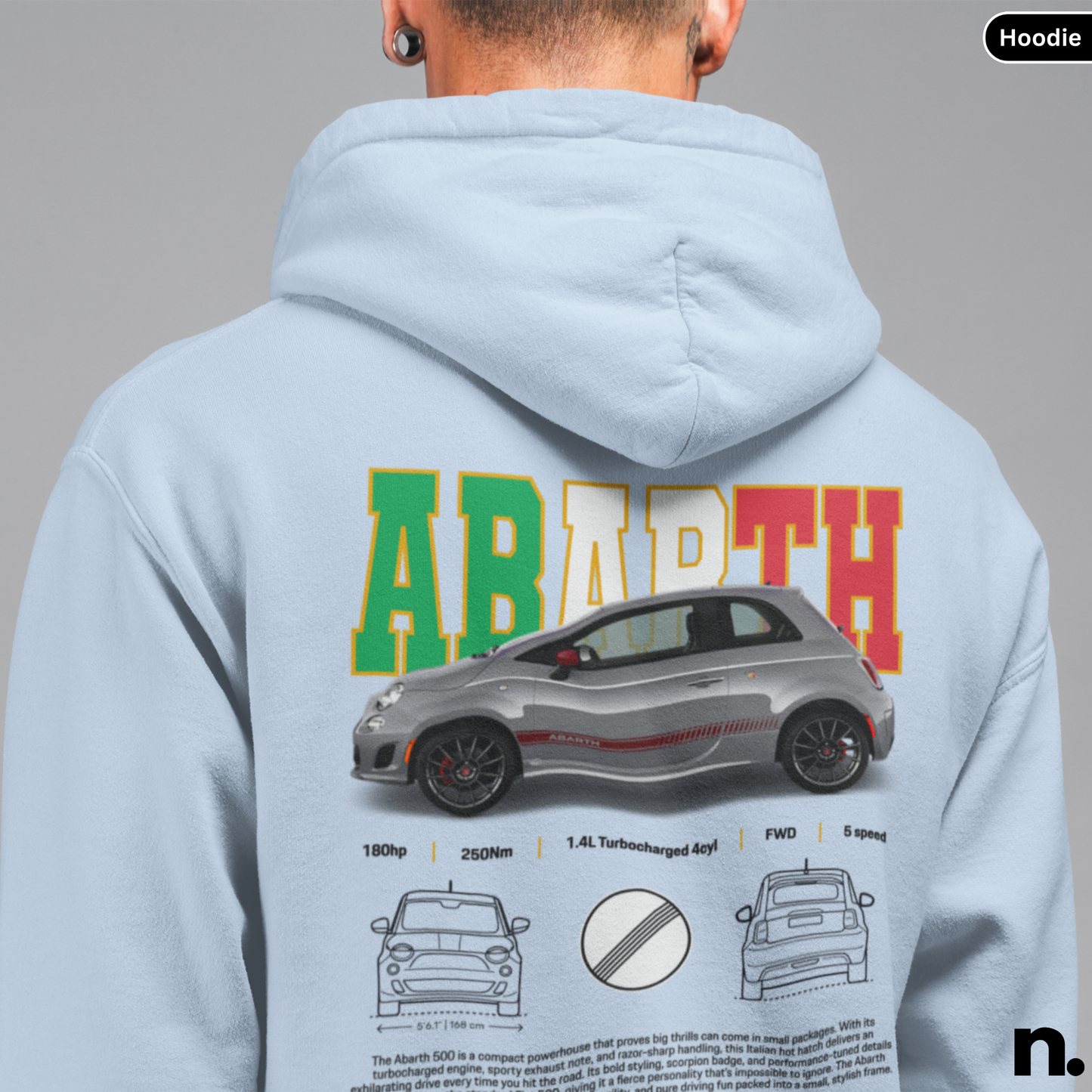 Light blue hoodie with Abarth logo and car illustration on the back, brand 'Hoodie' visible.