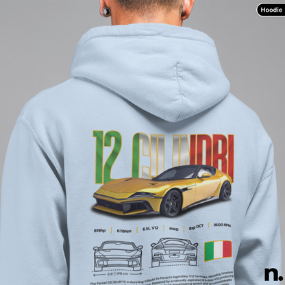 12 Cilindri poster style engine graphic printed on unisex hoodie
light blue
