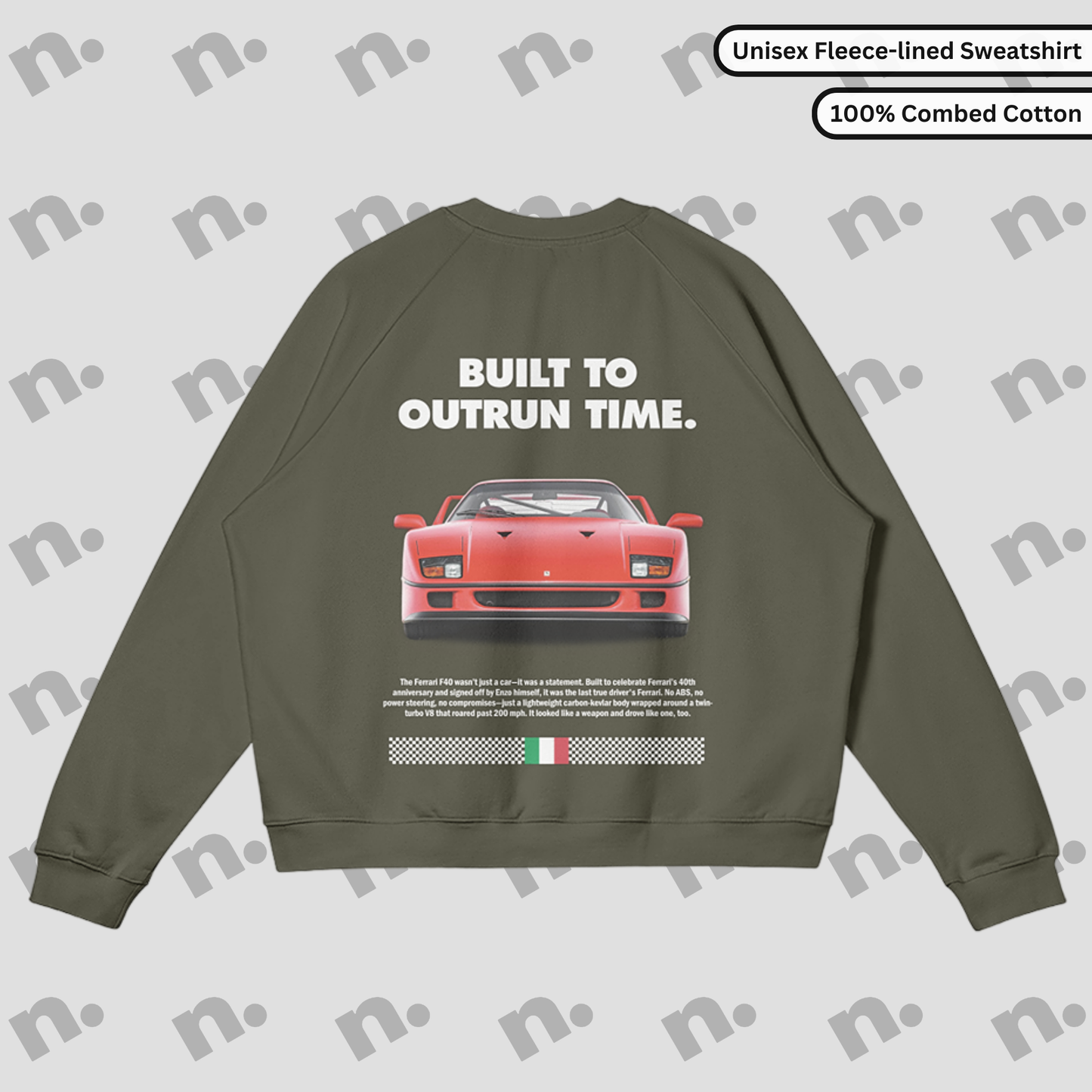 Flat lay of a premium black sweatshirt featuring a bold Ferrari F40 graphic and the slogan "Built to Outrun Time", styled with casual urban wear on a neutral backdrop.
