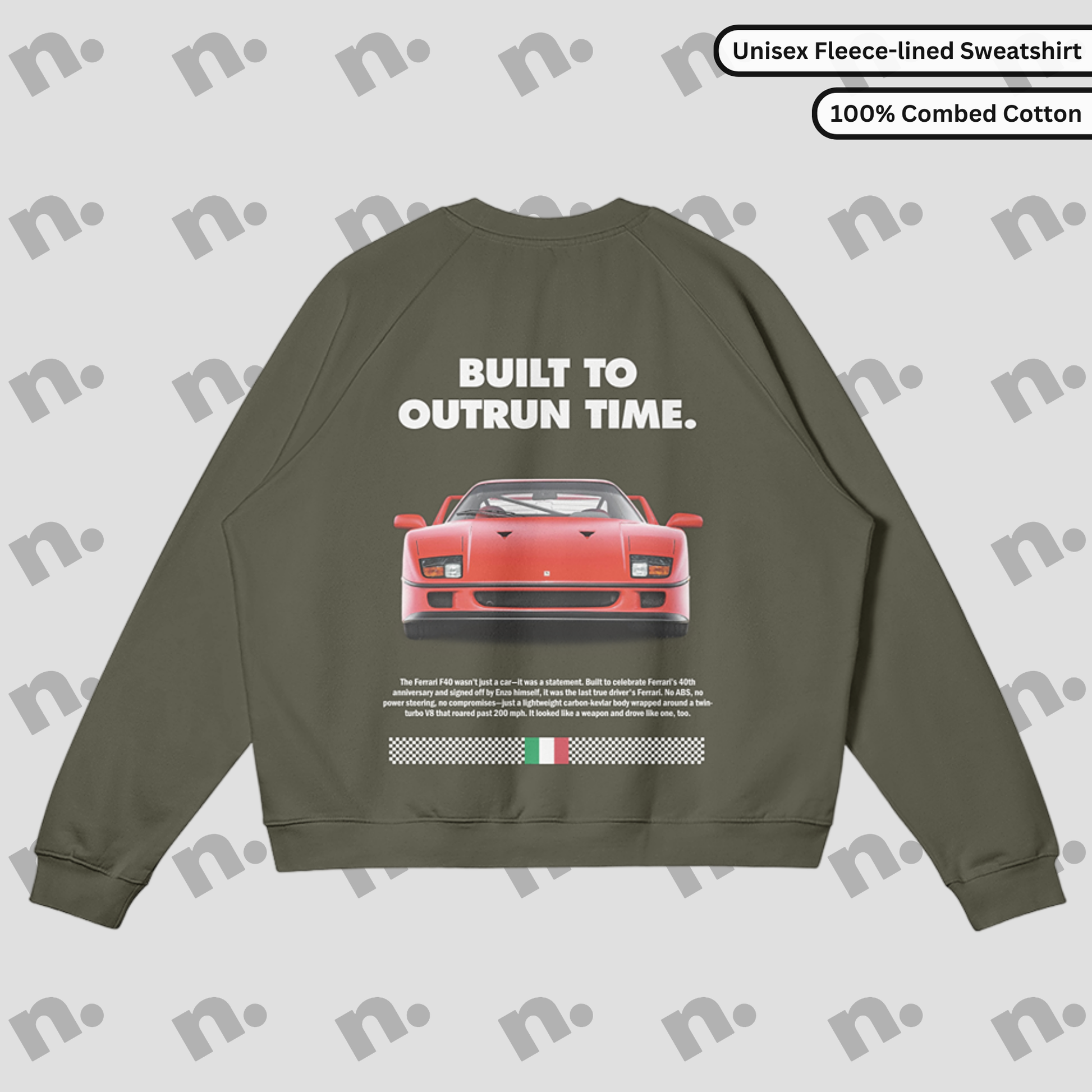 Flat lay of a premium black sweatshirt featuring a bold Ferrari F40 graphic and the slogan "Built to Outrun Time", styled with casual urban wear on a neutral backdrop.
