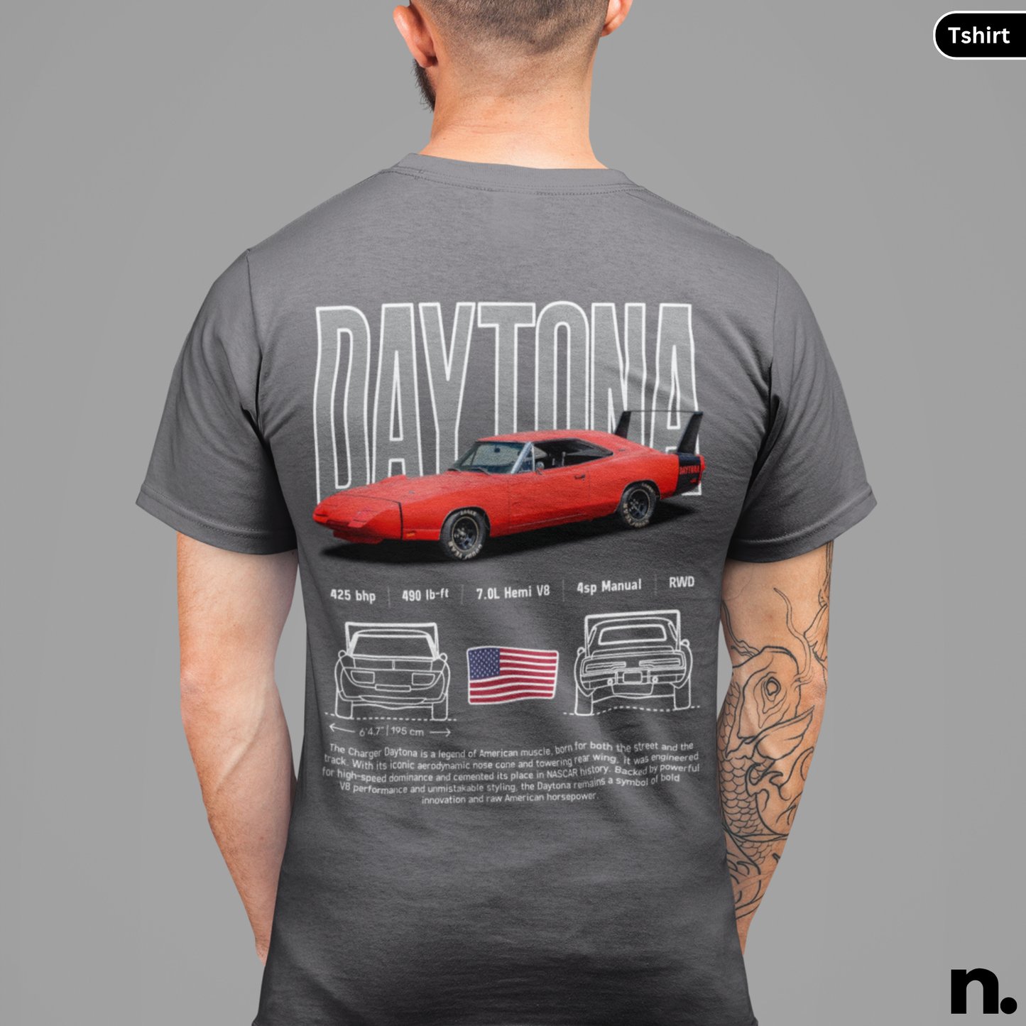 Gray t-shirt with a red car design and text on the back, worn by a person.
