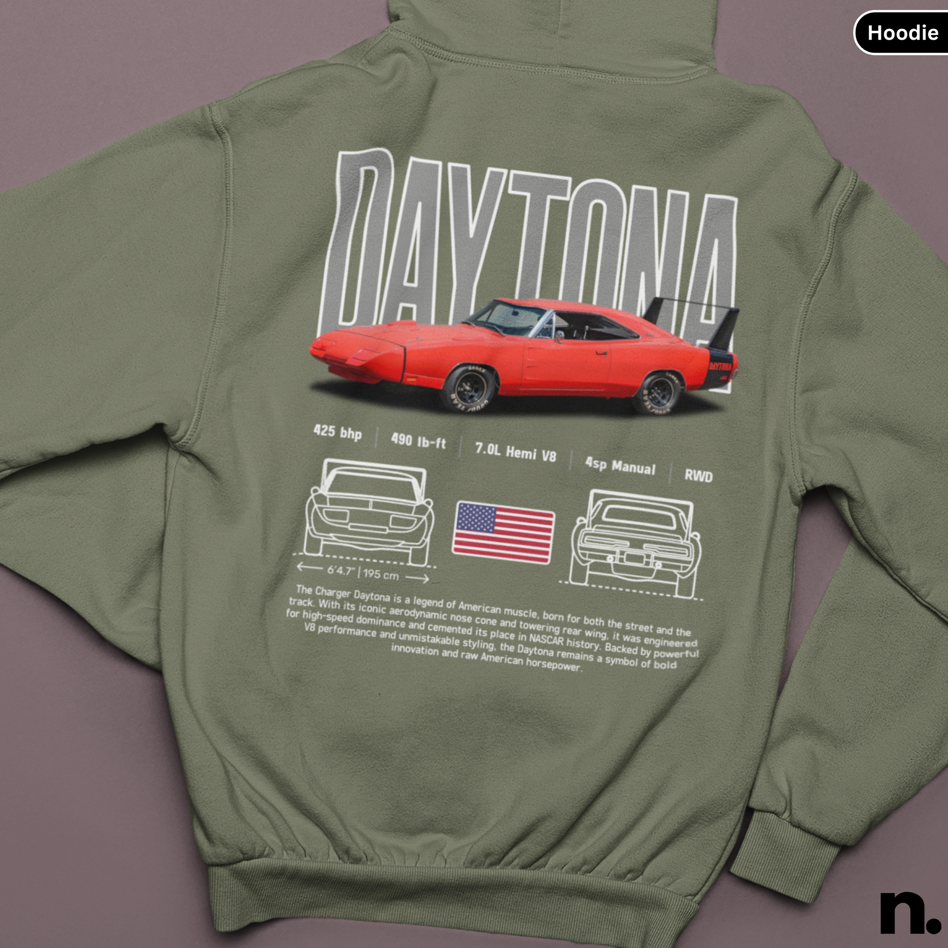 Green hoodie with a red car graphic and 'Daytona' text on the back, displayed on a purple background.