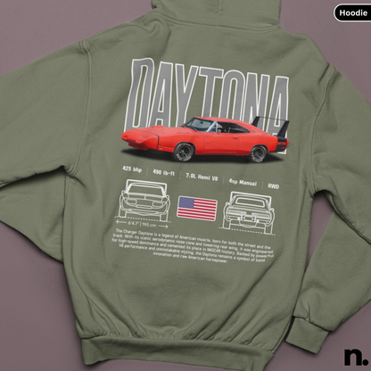 Green hoodie with a red car graphic and 'Daytona' text on the back, displayed on a purple background.