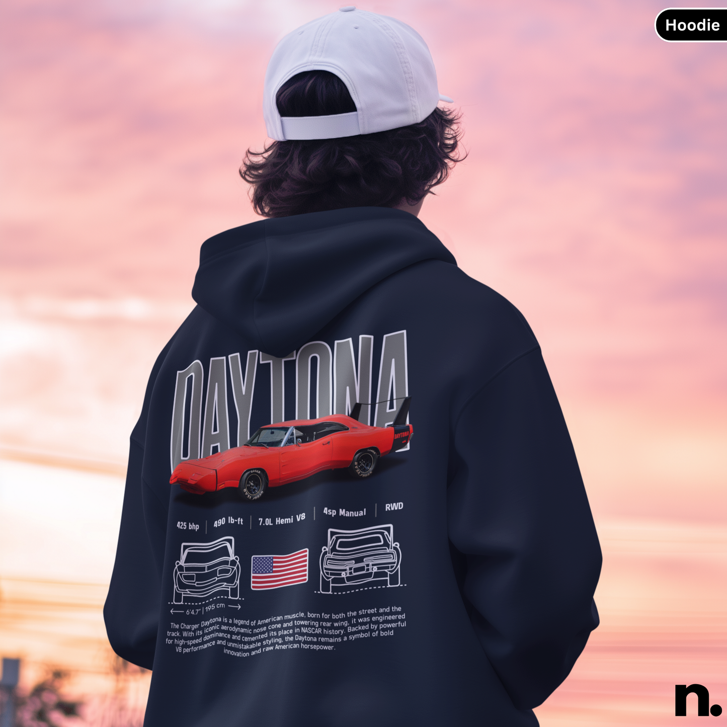 Person wearing a hoodie with 'Daytona' design and sunset background