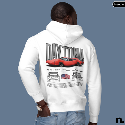 Person wearing a white hoodie with 'Daytona' and car design on the back against a blue background