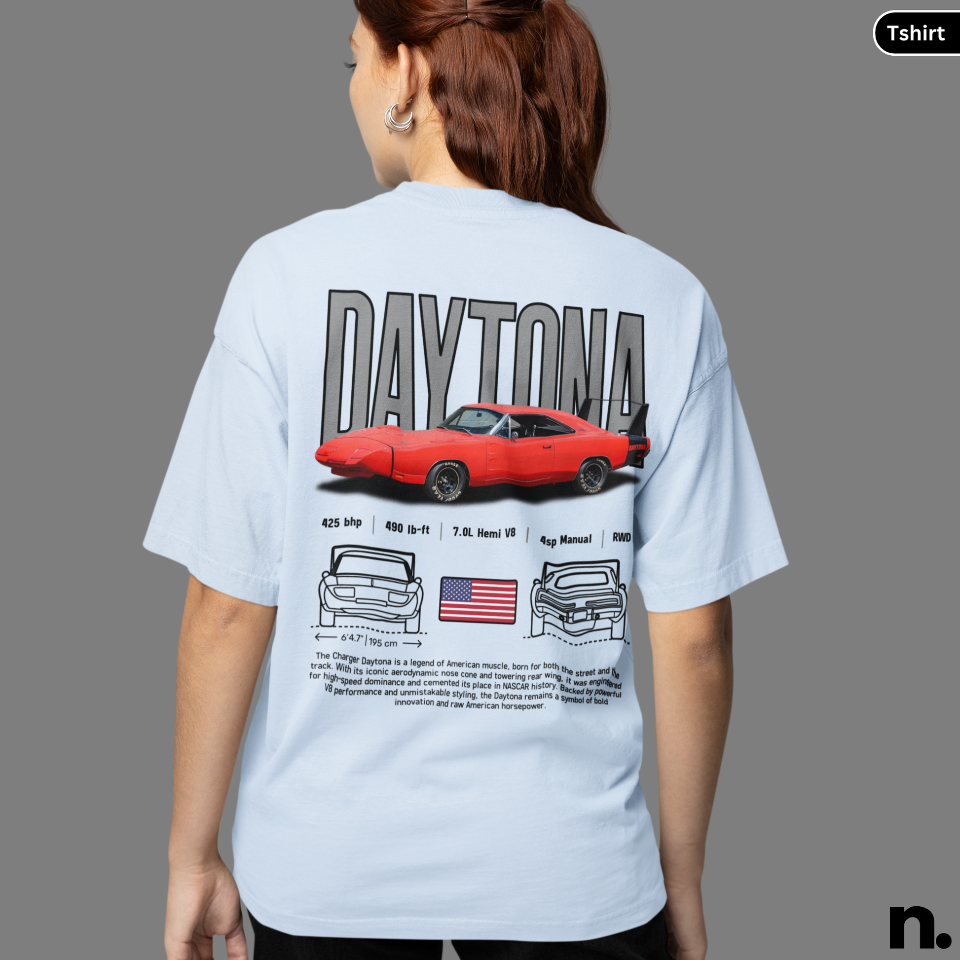 Light blue t-shirt with 'Daytona' design on the back, featuring a red car and American flag.
