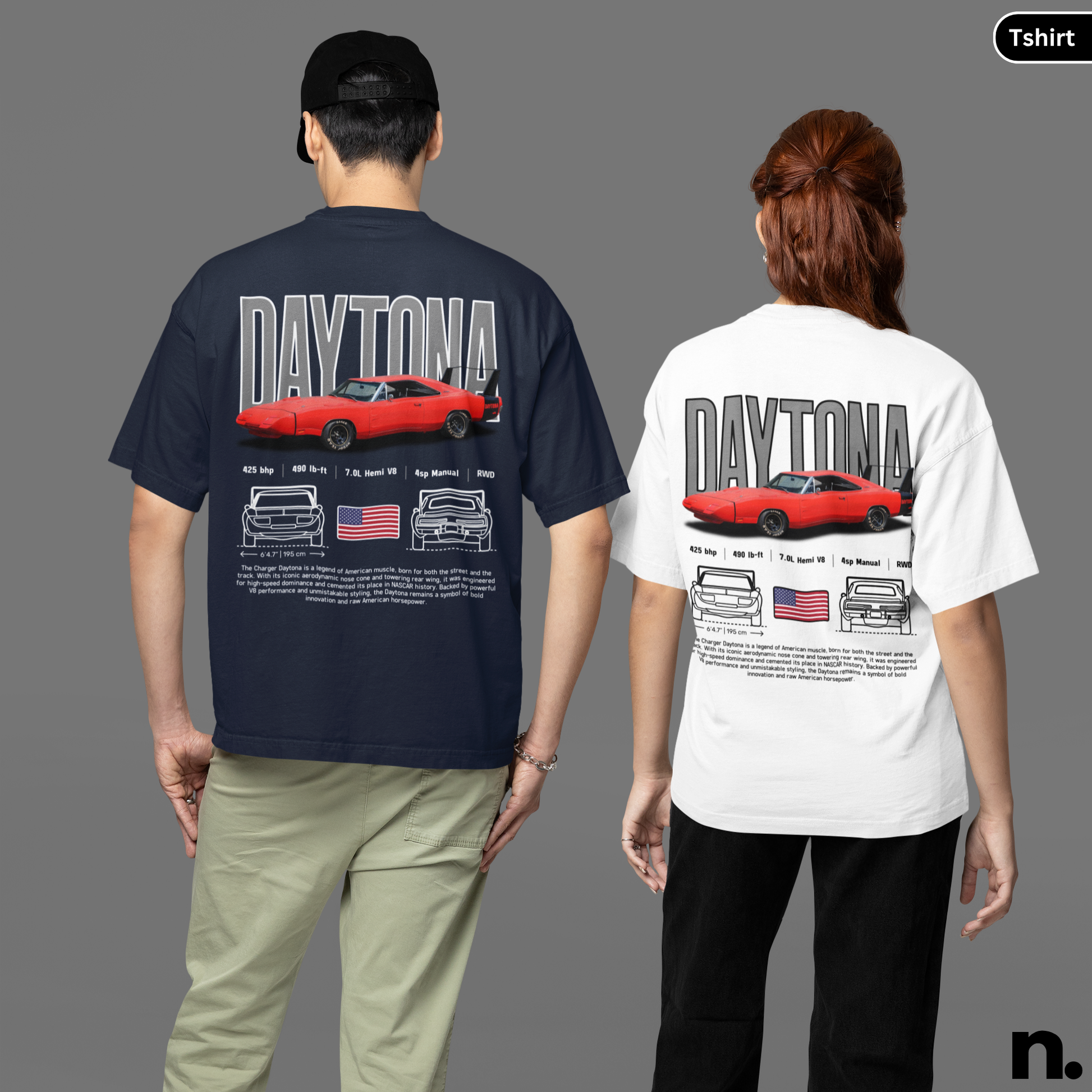 Two people wearing t-shirts with 'Daytona' and car graphics on a gray background