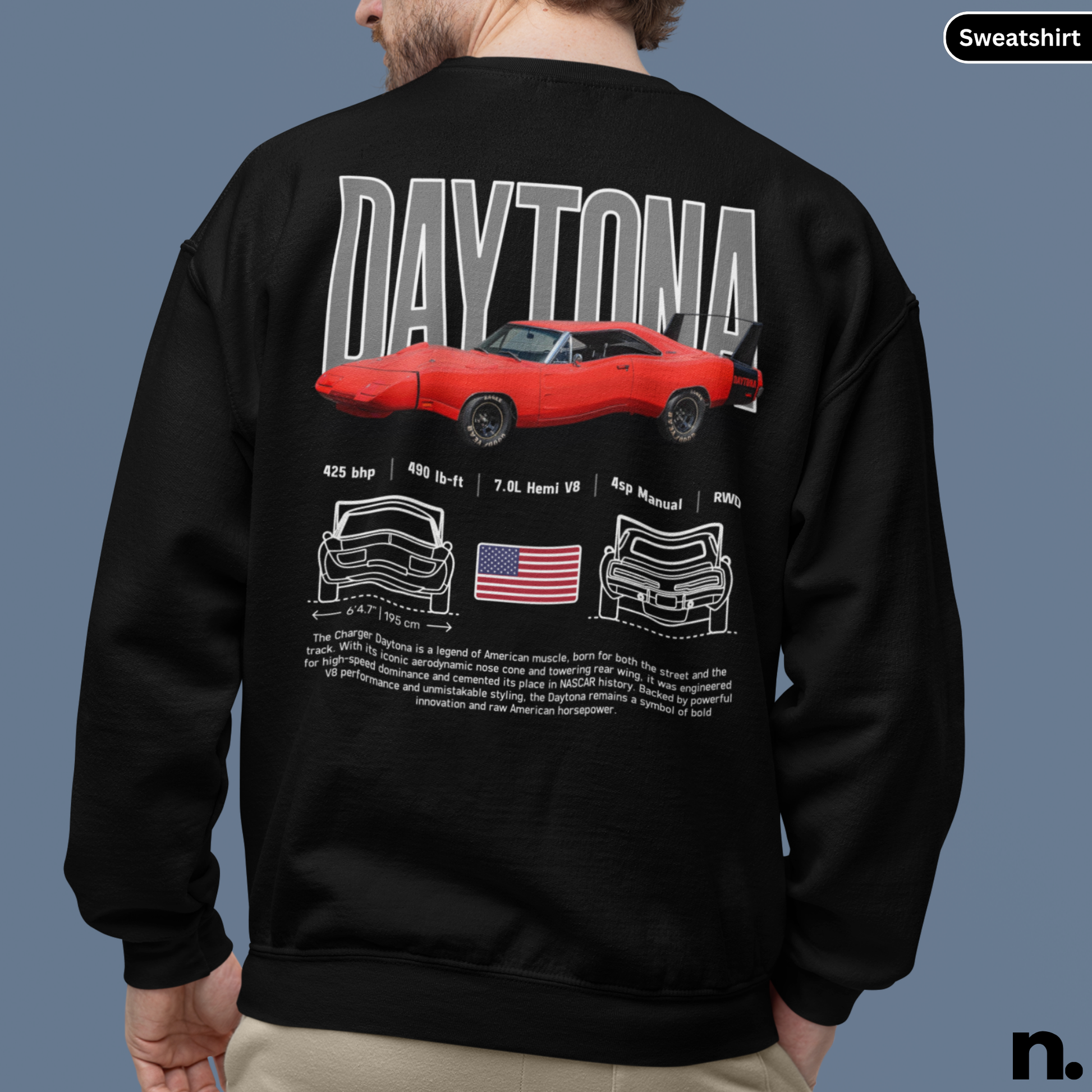 Black sweatshirt with 'Daytona' and car graphics on the back, displayed on a person against a gray background.