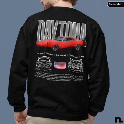 Black sweatshirt with 'Daytona' and car graphics on the back, displayed on a person against a gray background.