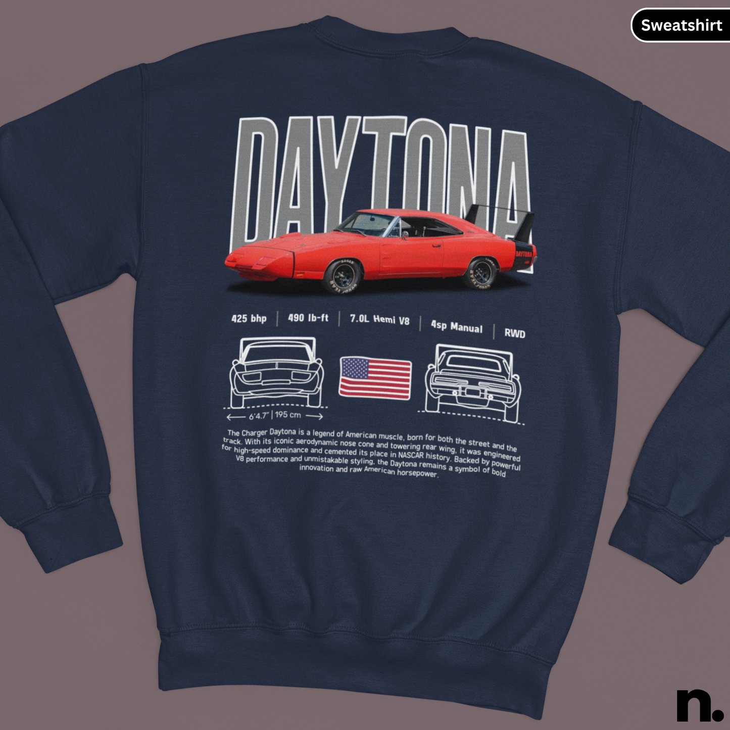 Navy blue sweatshirt with red car graphic and 'Daytona' text on a gray background