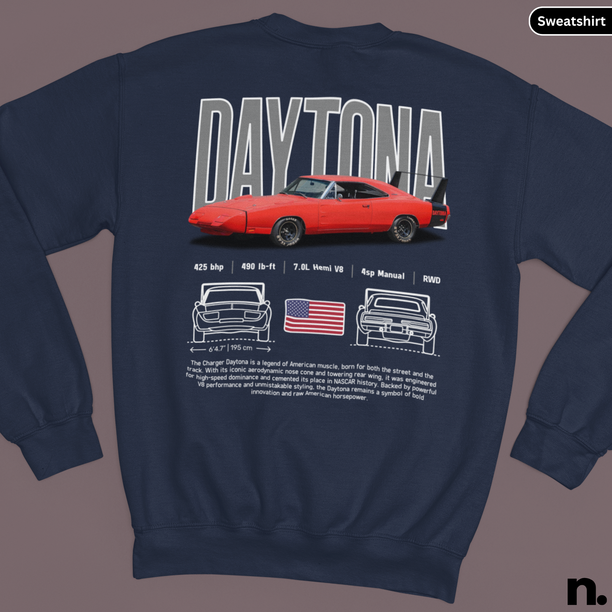 Navy blue sweatshirt with red car graphic and 'Daytona' text on a gray background