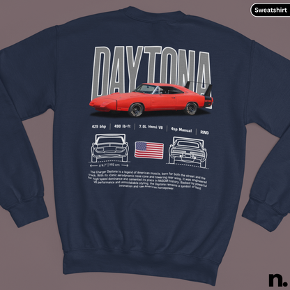 Navy blue sweatshirt with red car graphic and 'Daytona' text on a gray background