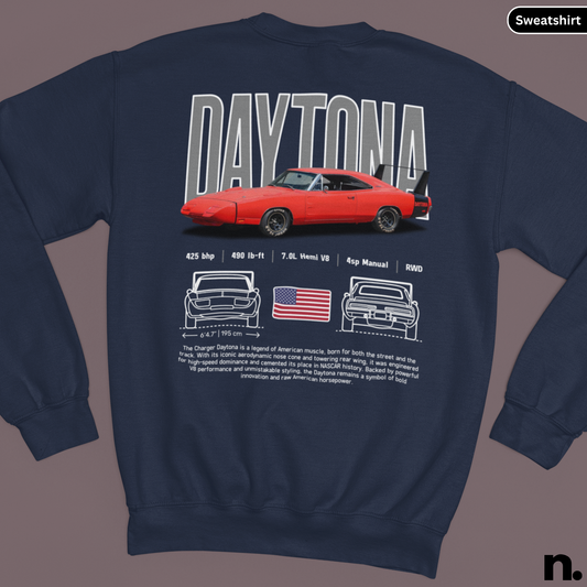 Navy blue sweatshirt with red car graphic and 'Daytona' text on a gray background