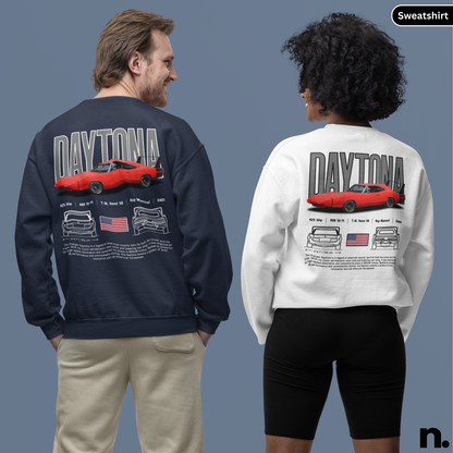 Two people wearing sweatshirts with a red car design on the back, one navy and one white, on a gray background.