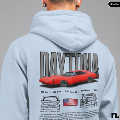 Light blue hoodie with a red car design and 'Daytona' text on the back, worn by a person.