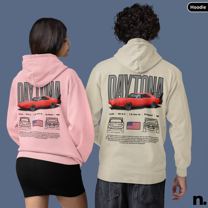 Two people wearing pink and beige hoodies with 'Daytona' and car graphics on a blue background.
