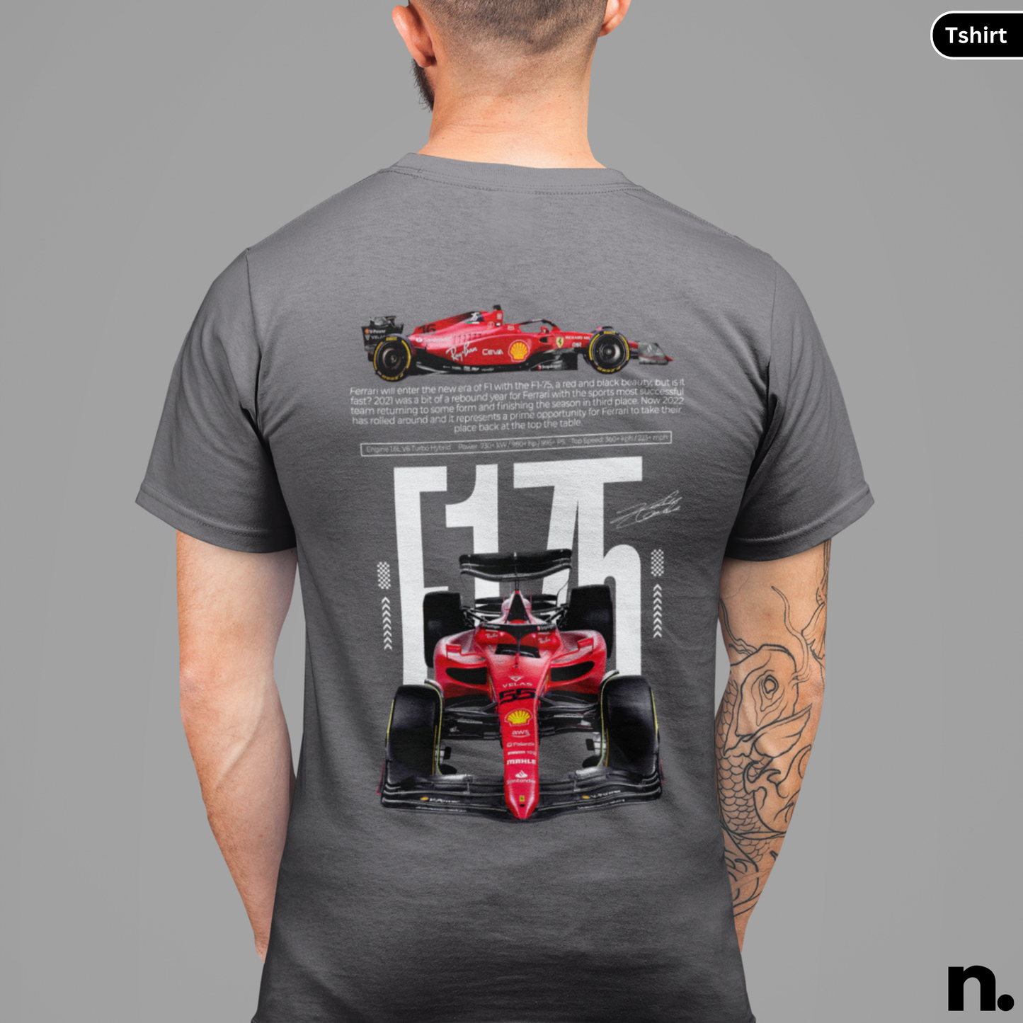 Person wearing a gray t-shirt with red Formula 1 car design on the back, on a gray background.