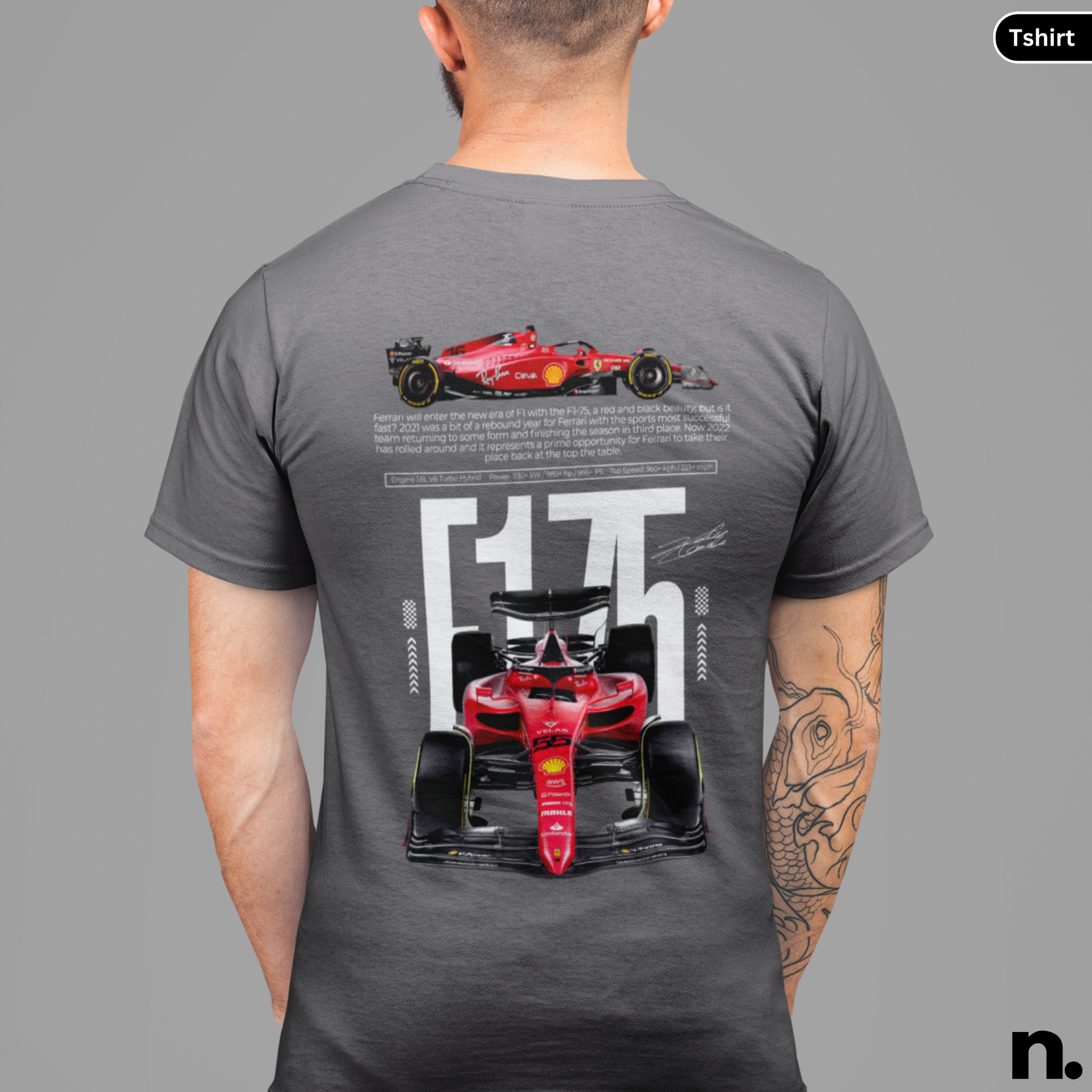Person wearing a gray t-shirt with red Formula 1 car design on the back, on a gray background.