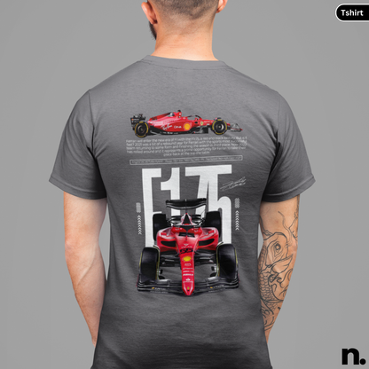 Person wearing a gray t-shirt with red Formula 1 car design on the back, on a gray background.