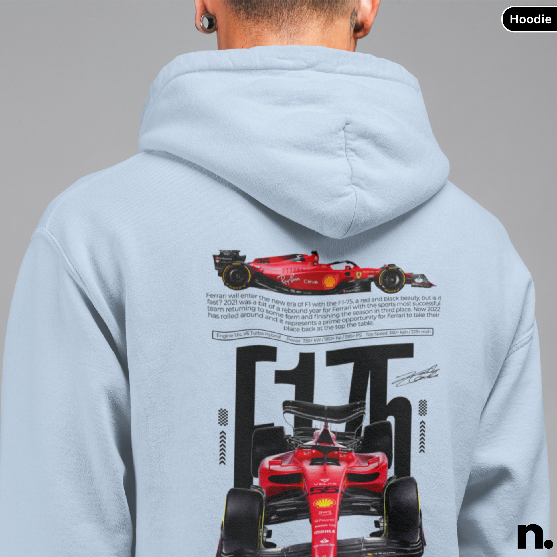 Light blue hoodie with Formula 1 car design on the back, on a gray background.