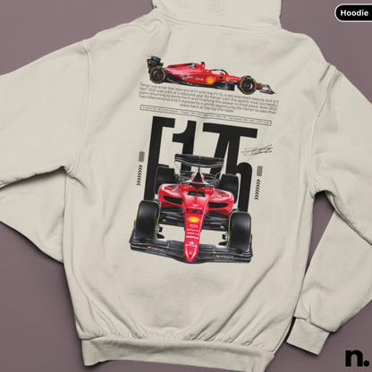 Beige hoodie with red Formula 1 car graphic on a brown background