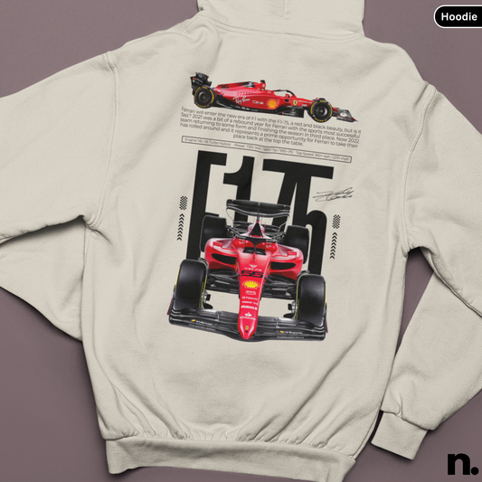 Beige hoodie with red Formula 1 car graphic on a brown background