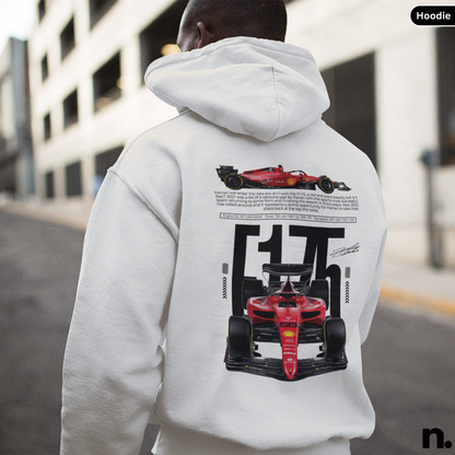 Person wearing a hoodie with Formula 1 car design on the back, standing in an urban setting.