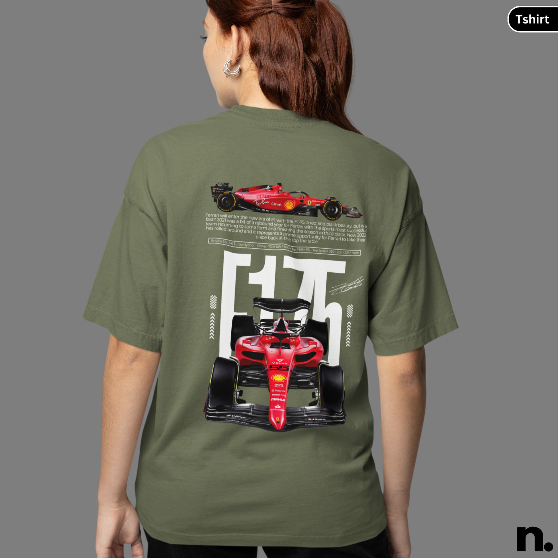 Person wearing a green t-shirt with a red racing car design on the back, on a gray background.