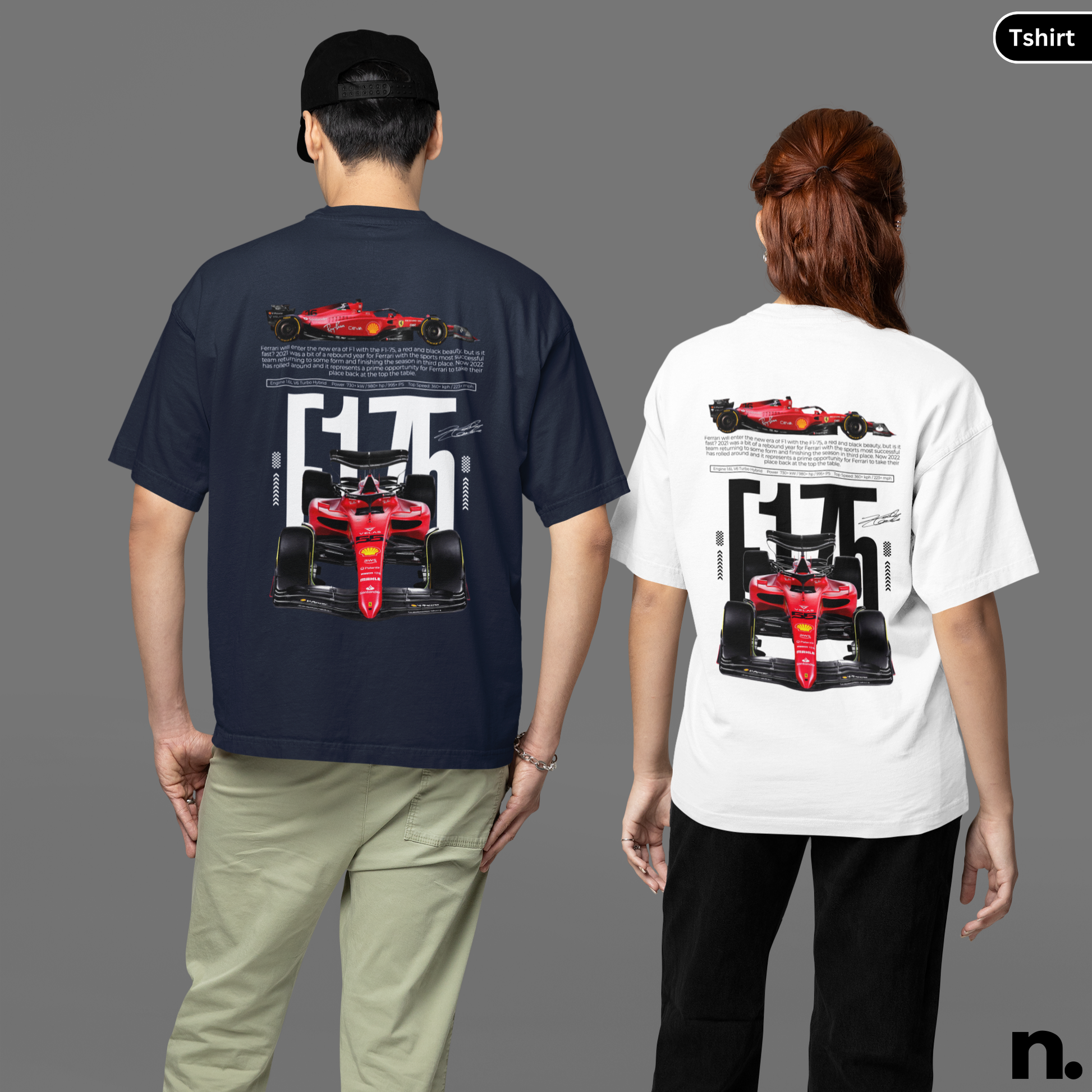 Two people wearing t-shirts with a Formula 1 car design on the back, one navy and one white.