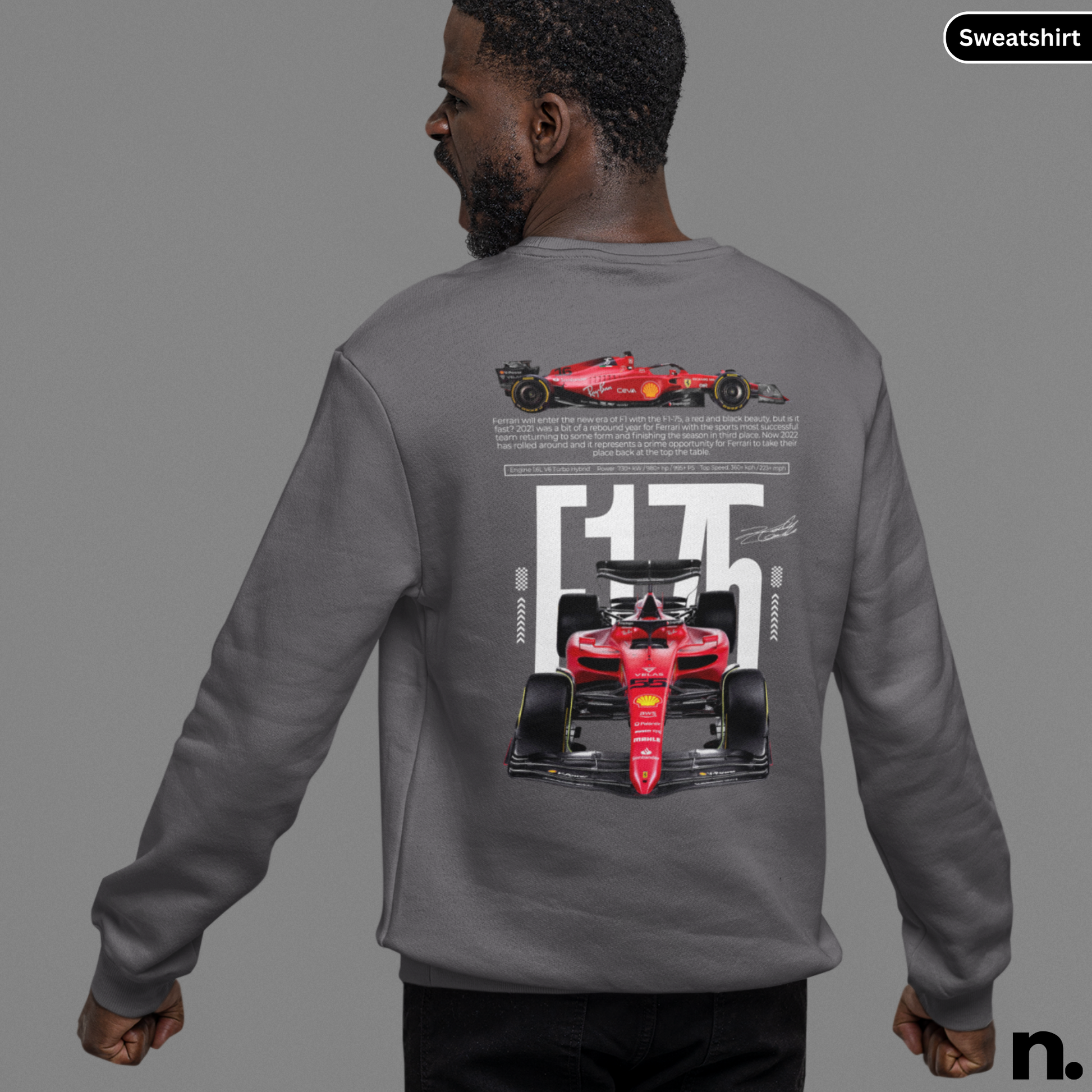 Person wearing a gray sweatshirt with Formula 1 car design on the back, on a gray background.
