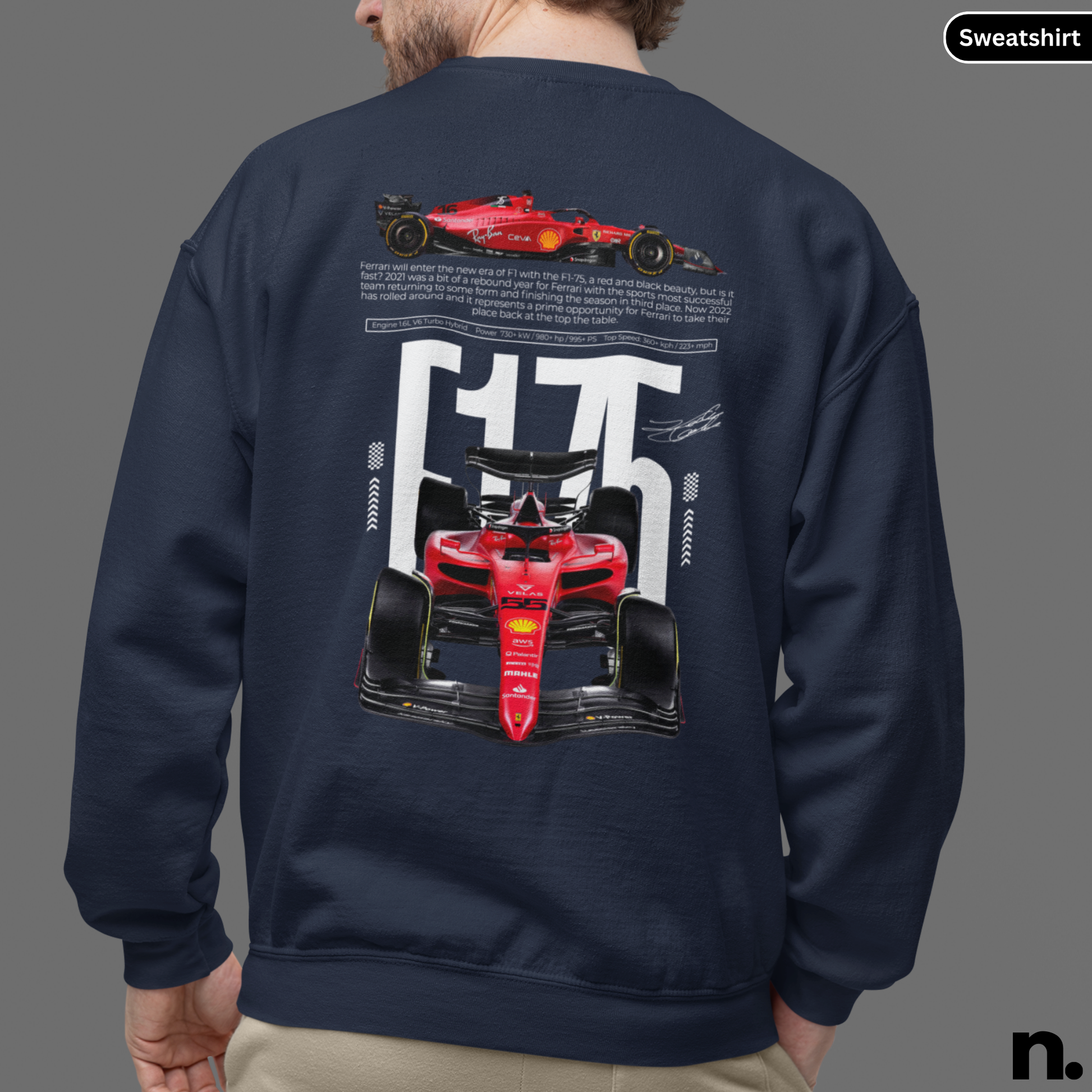 Navy blue sweatshirt with red race car design on the back, displayed on a person against a gray background.