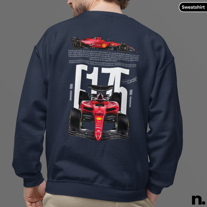 Navy blue sweatshirt with red race car design on the back, displayed on a person against a gray background.