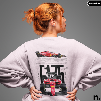 Person wearing a sweatshirt with Formula 1 car design on the back, on a gray background