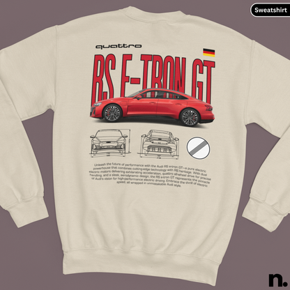 Beige sweatshirt with Audi RS E-Tron GT graphic on a gray background
