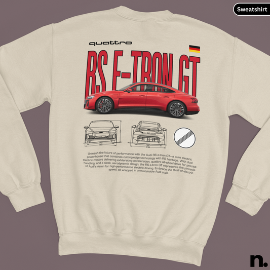 Beige sweatshirt with Audi RS E-Tron GT graphic on a gray background