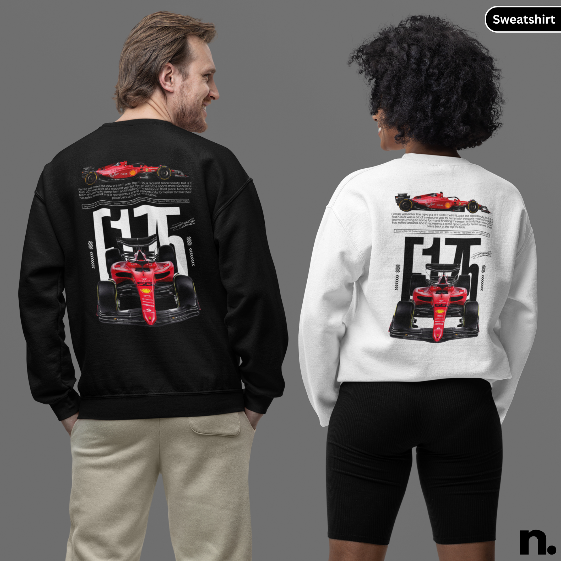 Two people wearing black and white sweatshirts with a Formula 1 car design on the back.