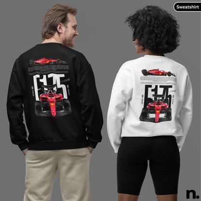 Two people wearing black and white sweatshirts with a Formula 1 car design on the back.
